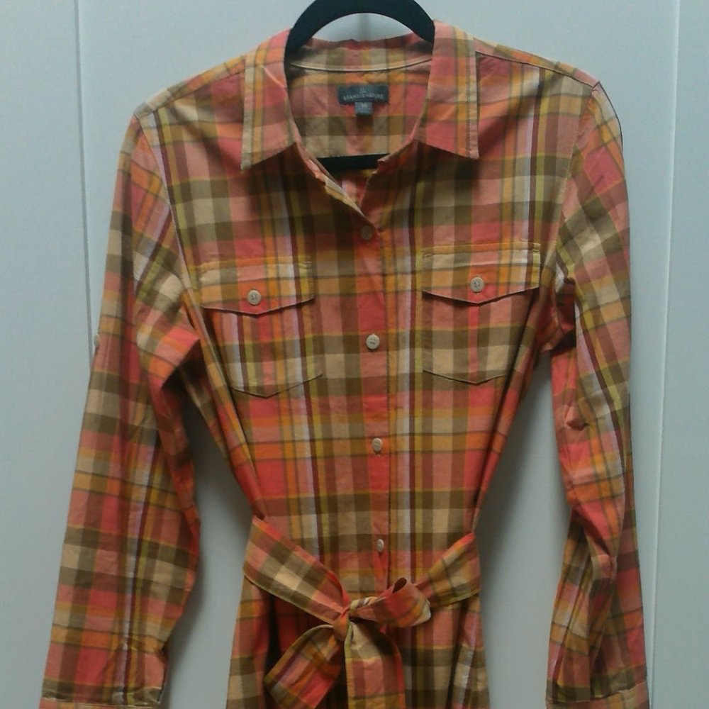 Women's LL BEAN Signature Camp Shirt Dress, Orange Plaid Button-Front w/belt 10